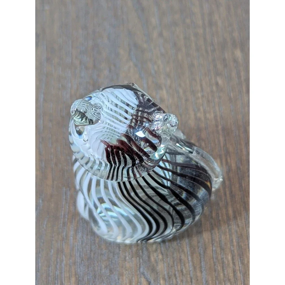 Murano Style Art Glass Paperweight Cat Figurine Black White Strip 4.5
